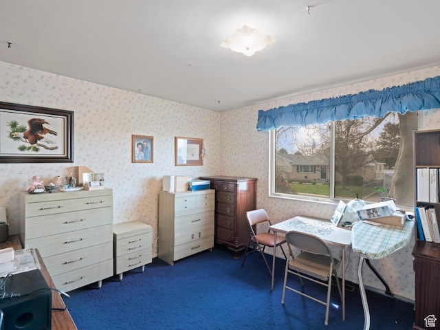 carpeted office with wallpapered walls