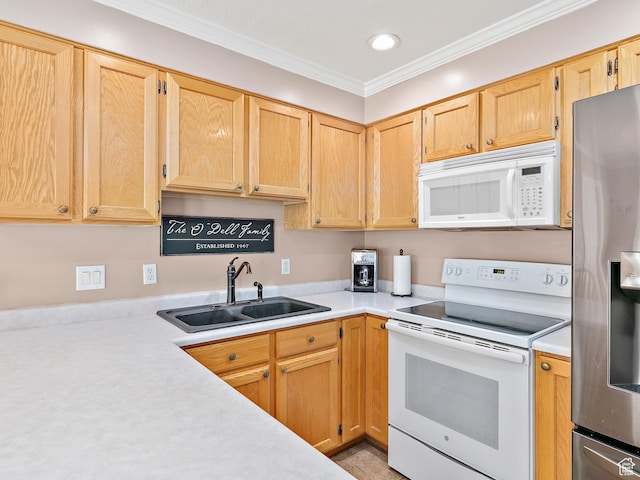 kitchen with light countertops, recessed lighting, white appliances, ornamental molding, and a sink