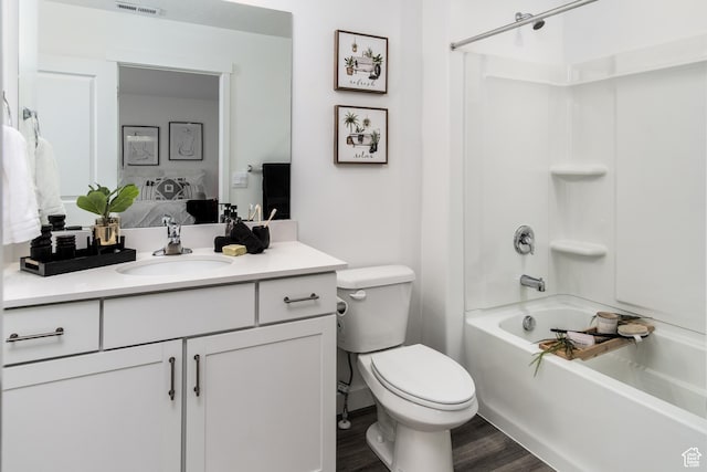 3440 W Mitchell Dr, Lehi, UT 84043 - bathroom featuring toilet, vanity, shower / bathtub combination, wood finished floors, and visible vents