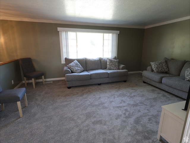 living room featuring ornamental molding, carpet floors, and baseboards