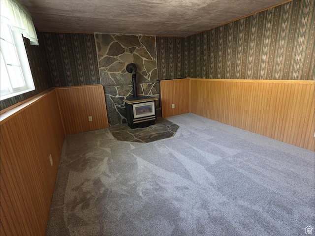basement with a wood stove, wainscoting, wallpapered walls, wood walls, and carpet