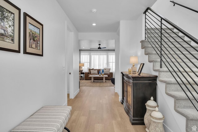 2119 N 520 W, Centerville, UT 84014 - hallway with recessed lighting, baseboards, light wood-type flooring, and stairs