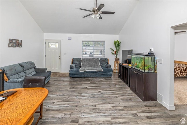 67 N 200 E, Tremonton, UT 84337 - living room with high vaulted ceiling, visible vents, baseboards, wood finished floors, and a ceiling fan