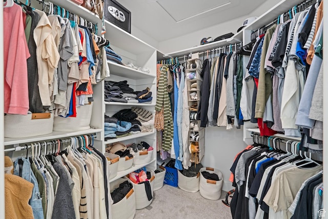 spacious closet with carpet and attic access