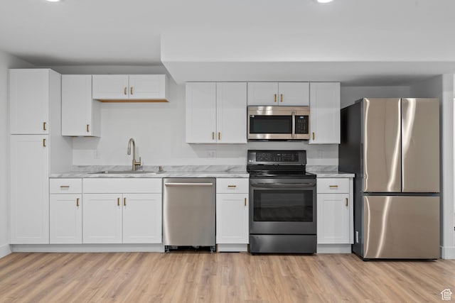 kitchen with white cabinetry, a sink, appliances with stainless steel finishes, and light wood finished floors