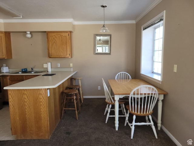 949 N University Ave Unit 19, Provo, UT 84604 - kitchen featuring light countertops, ornamental molding, baseboards, a sink, and a peninsula