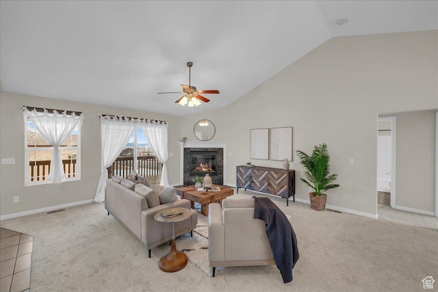 2367 N Monarch Cir E, Cedar City, UT 84721 - carpeted living area with a ceiling fan, high vaulted ceiling, baseboards, and a fireplace