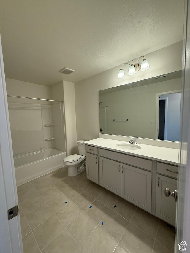 full bath with toilet, vanity, tile patterned flooring, visible vents, and shower / bath combination