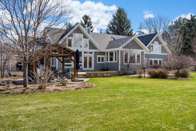 129 S 7200 E, Huntsville, UT 84317 - rear view of property featuring a patio area, french doors, a chimney, and a lawn