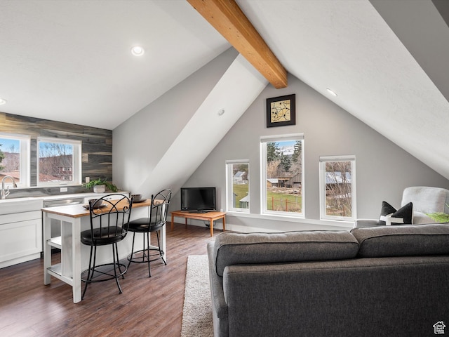 129 S 7200 E, Huntsville, UT 84317 - living room featuring dark wood-style flooring, wood walls, recessed lighting, and lofted ceiling with beams