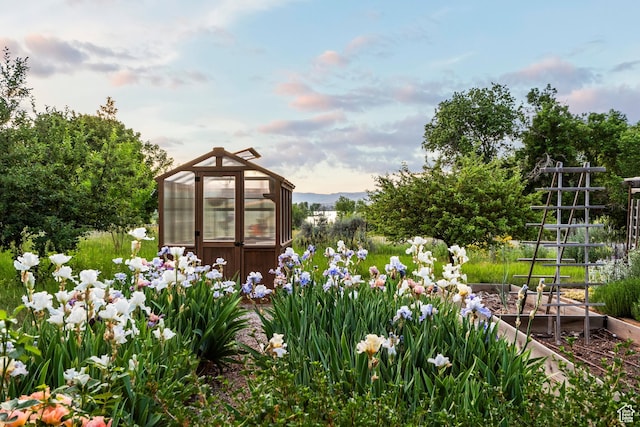 129 S 7200 E, Huntsville, UT 84317 - yard at dusk with an exterior structure, an outdoor structure, and a vegetable garden