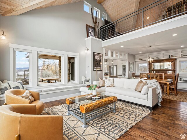 129 S 7200 E, Huntsville, UT 84317 - living room featuring wood ceiling, beamed ceiling, recessed lighting, wood finished floors, and high vaulted ceiling