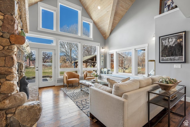 129 S 7200 E, Huntsville, UT 84317 - living room with hardwood / wood-style floors, wooden ceiling, high vaulted ceiling, and a wealth of natural light