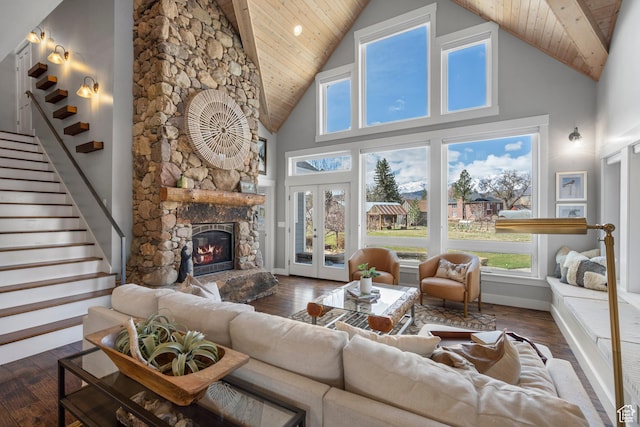 129 S 7200 E, Huntsville, UT 84317 - living room with a fireplace, stairway, wood finished floors, and wood ceiling
