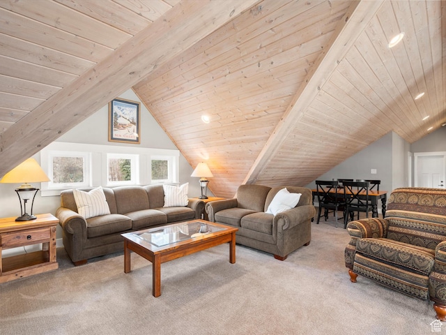 129 S 7200 E, Huntsville, UT 84317 - living room with recessed lighting, carpet, lofted ceiling with beams, and wood ceiling