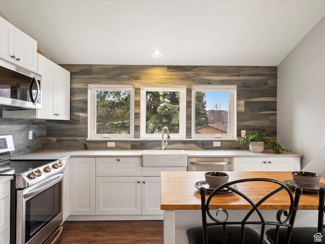 129 S 7200 E, Huntsville, UT 84317 - kitchen with a sink, white cabinetry, stainless steel appliances, dark wood-type flooring, and butcher block countertops