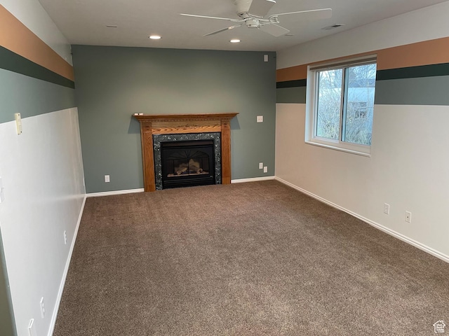 567 S Hazel Dr, Salem, UT 84653 - unfurnished living room with carpet, ceiling fan, recessed lighting, a premium fireplace, and baseboards