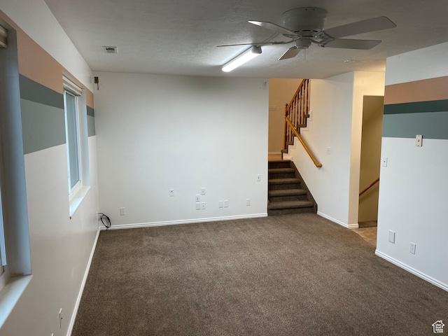 567 S Hazel Dr, Salem, UT 84653 - empty room featuring carpet flooring, a ceiling fan, stairway, and baseboards