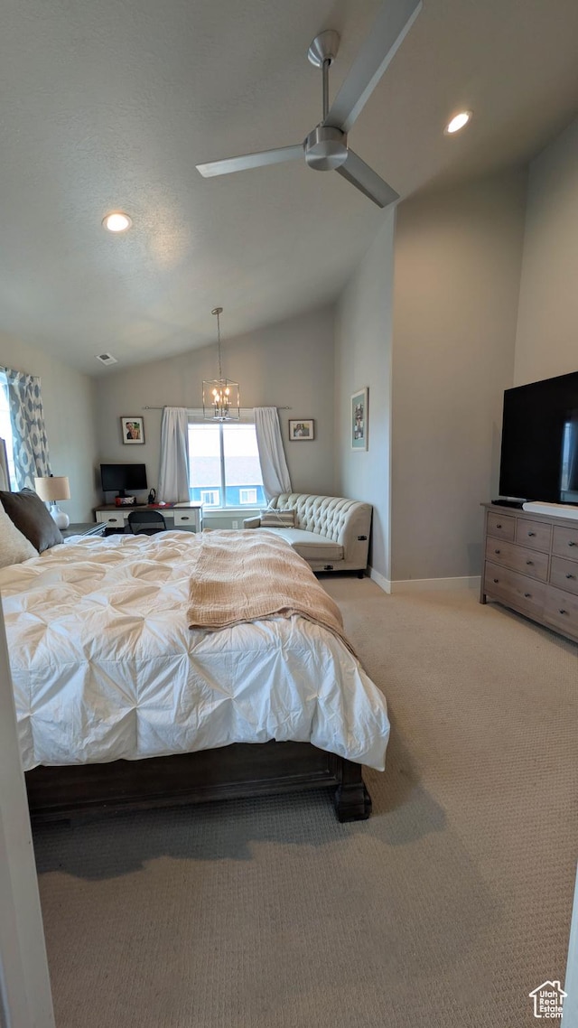 bedroom featuring light colored carpet, vaulted ceiling, recessed lighting, ceiling fan with notable chandelier, and baseboards