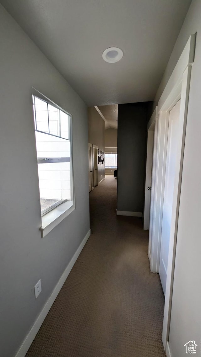 hall with baseboards and carpet flooring
