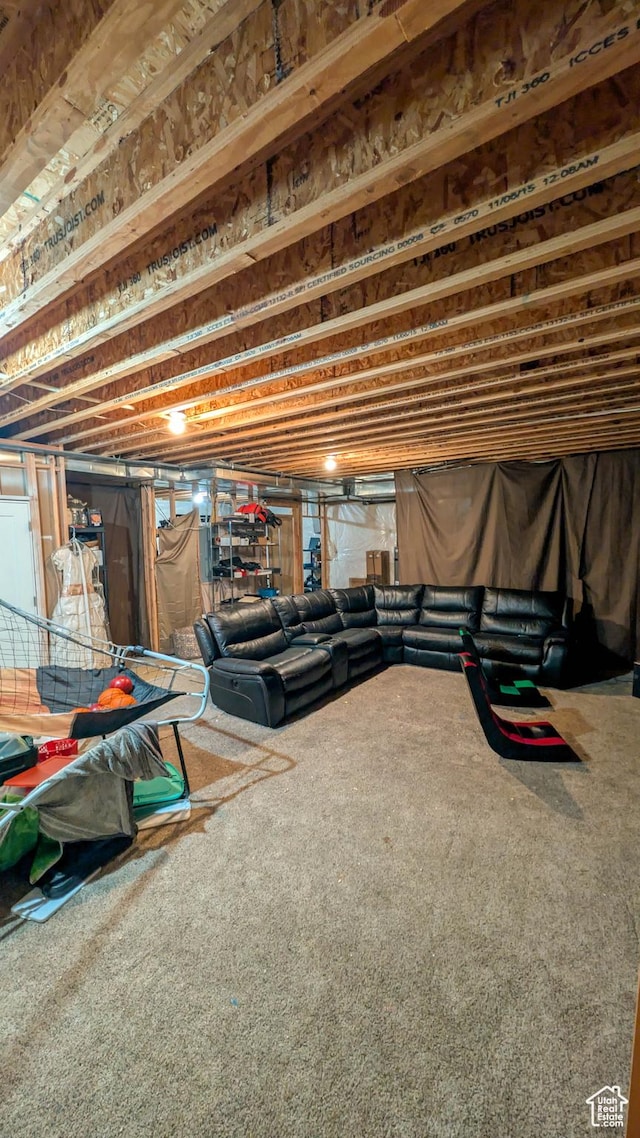 unfinished below grade area featuring carpet floors