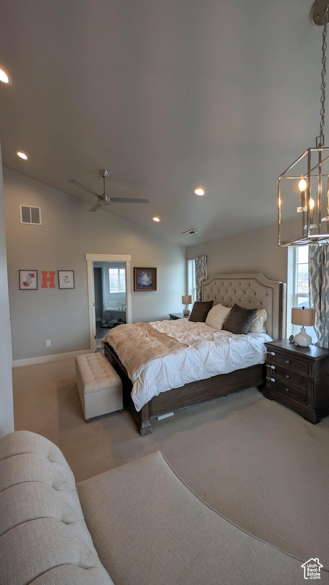 bedroom with carpet flooring, baseboards, ceiling fan with notable chandelier, visible vents, and recessed lighting