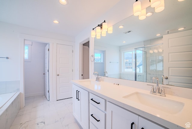 1258 S Boxelder Dr, Saratoga Springs, UT 84005 - bathroom with a shower stall, double vanity, recessed lighting, a bath, and marble look tile flooring