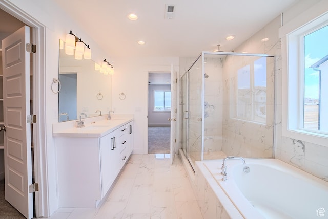 1258 S Boxelder Dr, Saratoga Springs, UT 84005 - full bathroom featuring a marble finish shower, a bath, double vanity, marble finish flooring, and recessed lighting