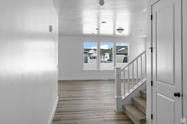 2391 W 2950 N Unit 102, Farr West, UT 84404 - stairway featuring baseboards, wood finished floors, and a textured ceiling