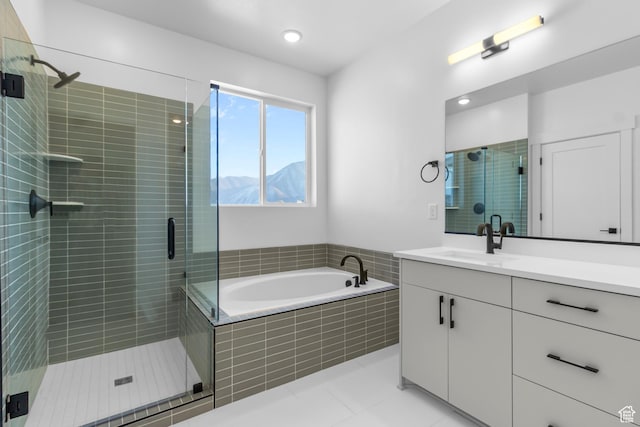 2961 N 2350 W Unit 107, Farr West, UT 84404 - bathroom with a bath, vanity, tile patterned floors, and a shower stall