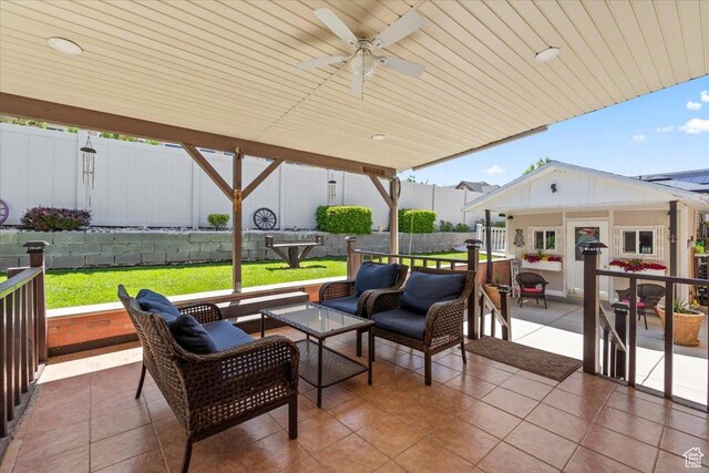 1325 W Trailside Dr, Santaquin, UT 84655 - view of patio featuring an outdoor living space, a ceiling fan, and an outbuilding
