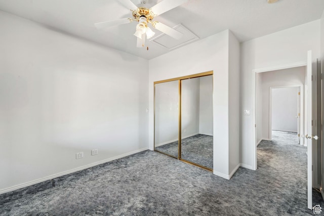3546 Windmill Dr, Santa Clara, UT 84765 - unfurnished bedroom featuring attic access, carpet flooring, baseboards, ceiling fan, and a closet