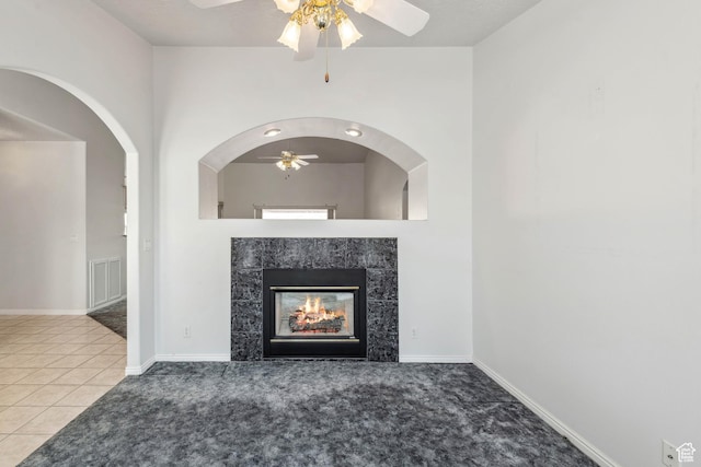 3546 Windmill Dr, Santa Clara, UT 84765 - details with baseboards, carpet floors, visible vents, a ceiling fan, and a fireplace