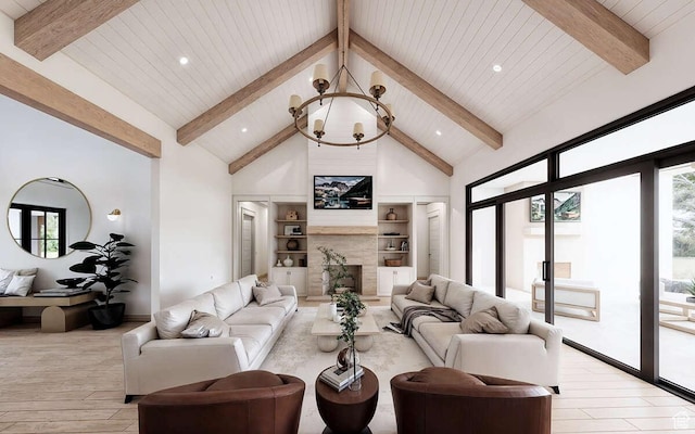 living room featuring wooden ceiling, high vaulted ceiling, light wood-style floors, beamed ceiling, and a notable chandelier