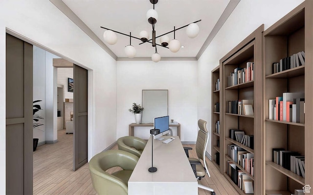 office featuring baseboards, light wood-type flooring, and a chandelier
