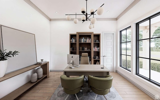 office space with a notable chandelier, crown molding, and light wood finished floors