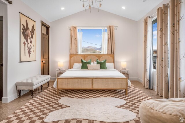 bedroom featuring baseboards, vaulted ceiling, and recessed lighting