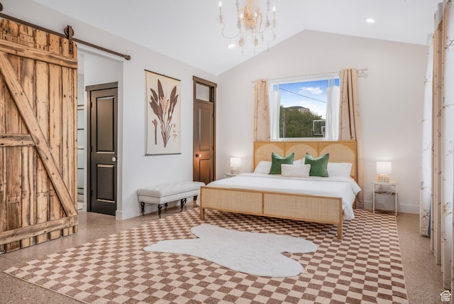 bedroom with recessed lighting, a barn door, lofted ceiling, baseboards, and a notable chandelier
