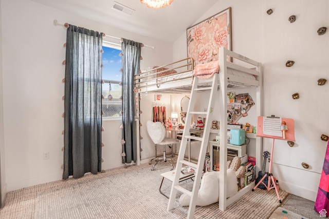 bedroom featuring visible vents, baseboards, and carpet flooring