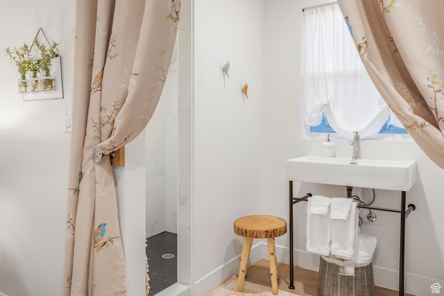 bathroom with a shower stall and a sink