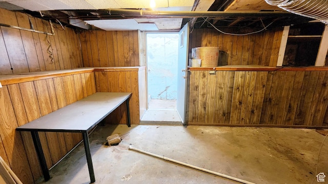 unfinished below grade area featuring wooden walls