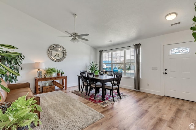 4103 S Sunrise Dr, Saratoga Springs, UT 84045 - dining area with a ceiling fan, lofted ceiling, baseboards, visible vents, and light wood-style floors