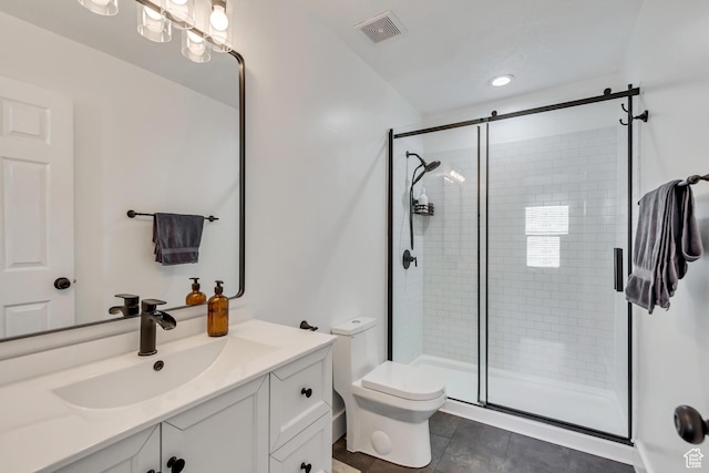 4103 S Sunrise Dr, Saratoga Springs, UT 84045 - bathroom featuring a shower stall, visible vents, toilet, and vanity