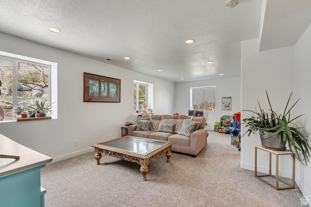 4103 S Sunrise Dr, Saratoga Springs, UT 84045 - living room featuring a textured ceiling, a healthy amount of sunlight, and light colored carpet
