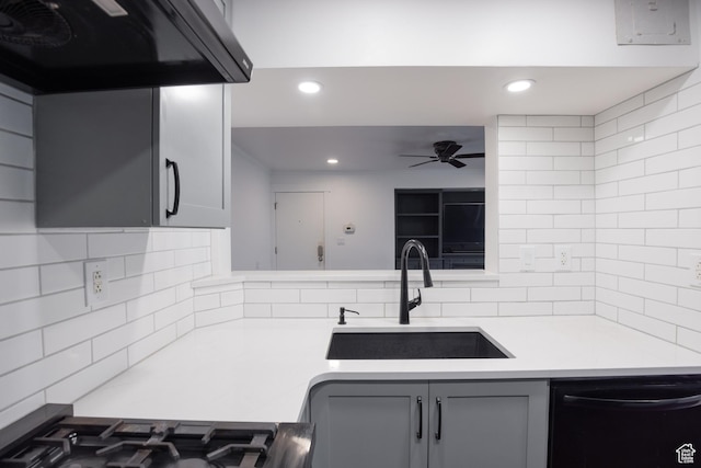 440 E Creekside Cir S Unit B, Murray, UT 84107 - kitchen with decorative backsplash, dishwasher, ceiling fan, a sink, and gray cabinets