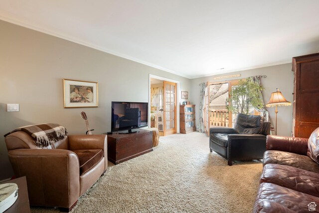 living area featuring carpet flooring and crown molding