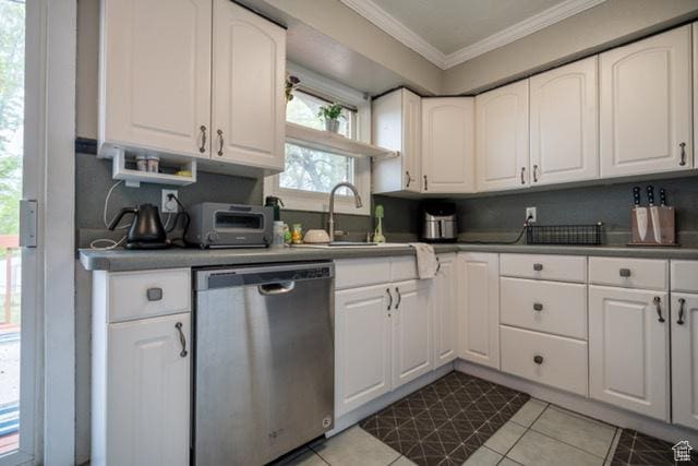 3839 S 2050 W, Roy, UT 84067 - kitchen with dishwasher, ornamental molding, a sink, white cabinetry, and light tile patterned flooring