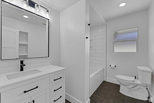 full bath featuring baseboards, toilet, recessed lighting, vanity, and tile patterned flooring