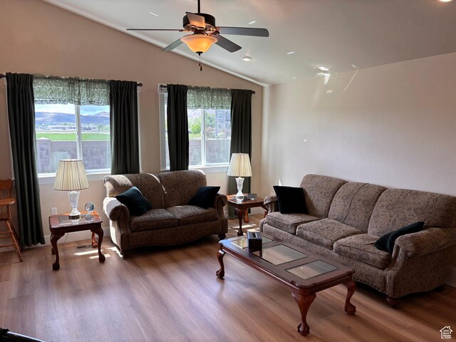 1234 S 1150 W, Payson, UT 84651 - living area with wood finished floors, ceiling fan, vaulted ceiling, baseboards, and recessed lighting