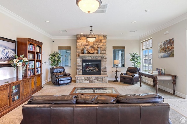 1234 S 1150 W, Payson, UT 84651 - living area featuring a stone fireplace, ornamental molding, recessed lighting, baseboards, and light tile patterned floors